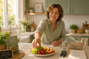 Une personne prenant un encas sucré pour remédier à une hypoglycémie, avec un sourire de soulagement, dans un environnement lumineux et accueillant.