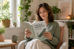 Une personne détendue chez elle, en train de lire un guide sur la pressothérapie, entourée de plantes, avec une lumière douce entrant par une fenêtre.