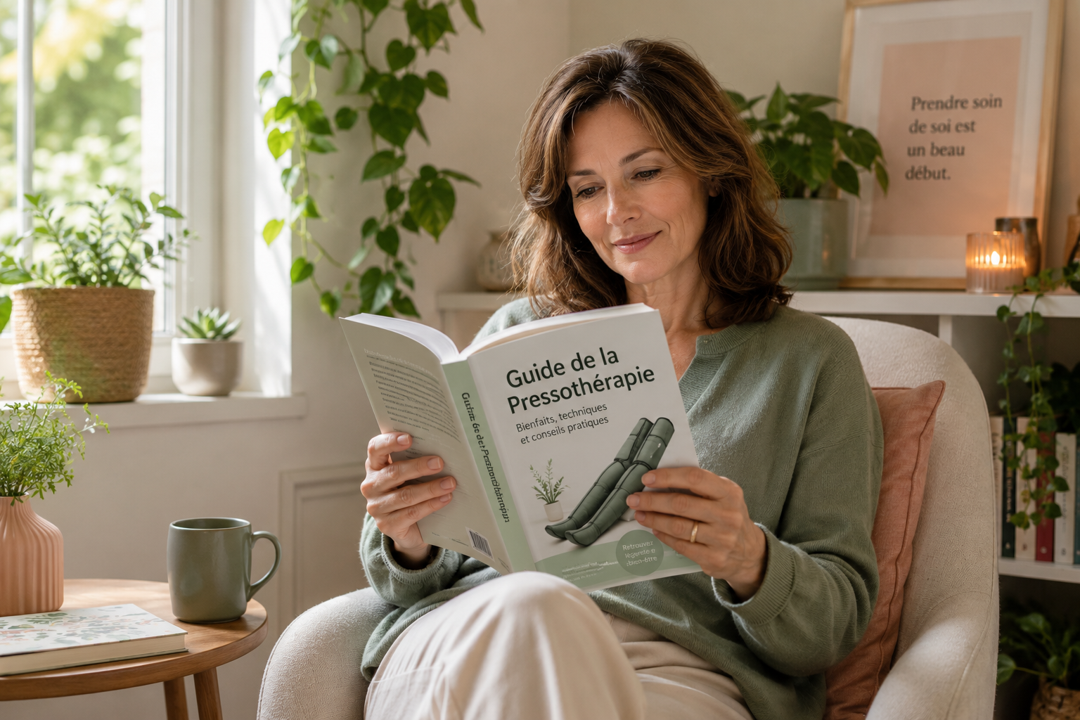 Une personne détendue chez elle, en train de lire un guide sur la pressothérapie, entourée de plantes, avec une lumière douce entrant par une fenêtre.