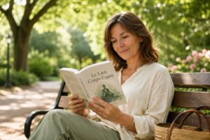 Une personne détendue lisant un livre en plein air, entourée de nature verdoyante, symbolisant la connexion paisible entre l'esprit et le corps.