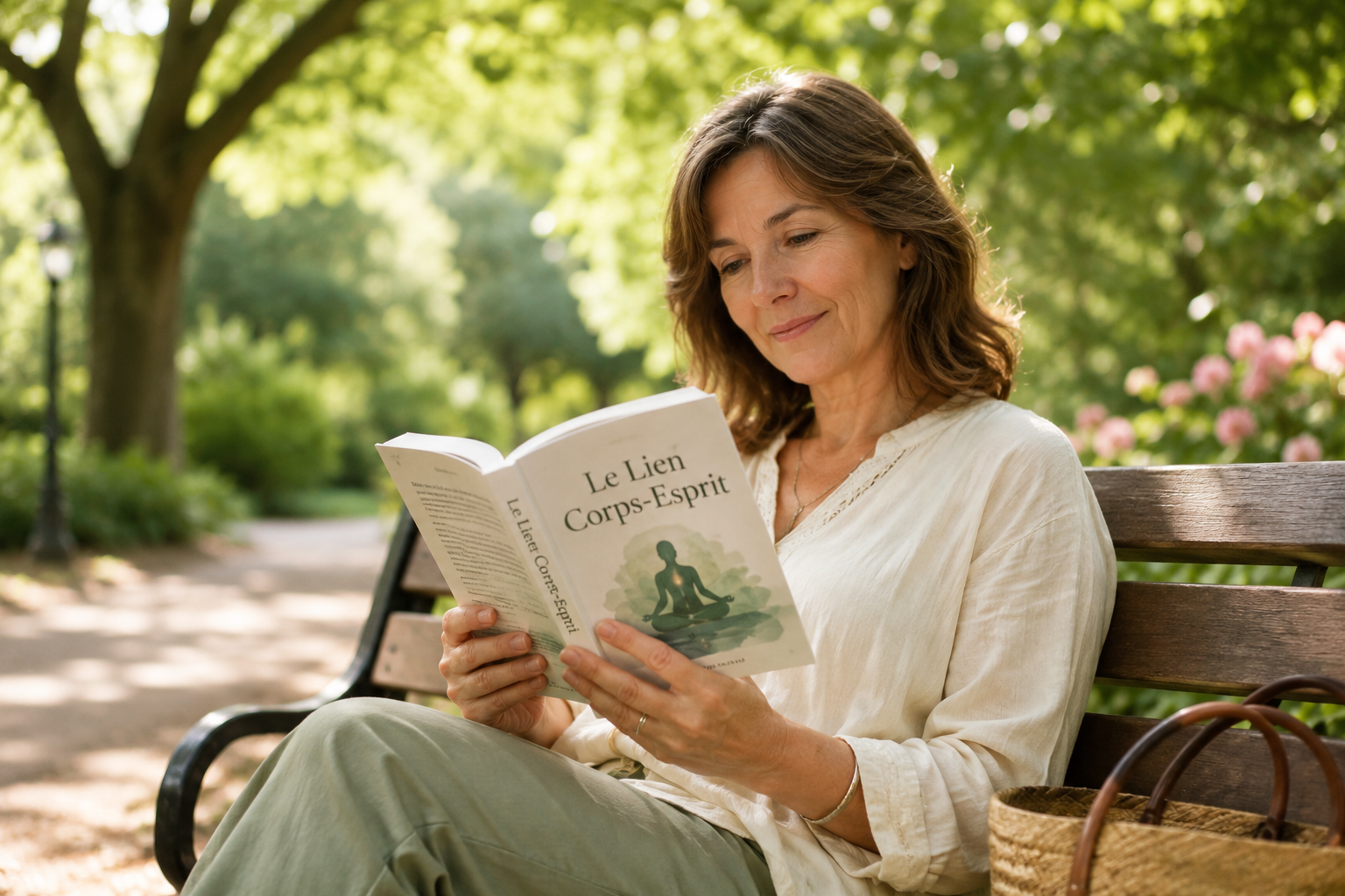 Une personne détendue lisant un livre en plein air, entourée de nature verdoyante, symbolisant la connexion paisible entre l'esprit et le corps.