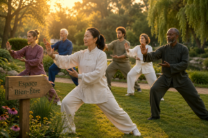 Une personne de tout âge pratiquant le qi gong dans un parc, entourée d'une atmosphère calme et apaisante.