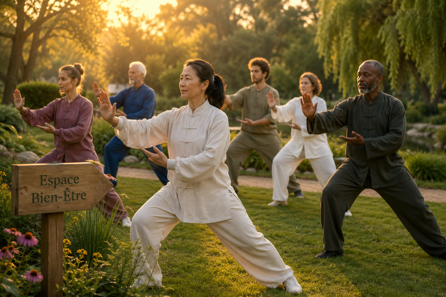 Une personne de tout âge pratiquant le qi gong dans un parc, entourée d'une atmosphère calme et apaisante.
