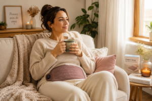 Une femme à l'air apaisé, assise confortablement chez elle avec une tasse de thé et une bouillotte, profitant d'un moment de détente.