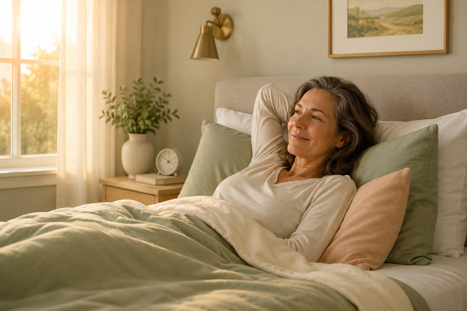 Une personne se détend dans un lit confortable, avec une chambre bien aménagée pour le sommeil.