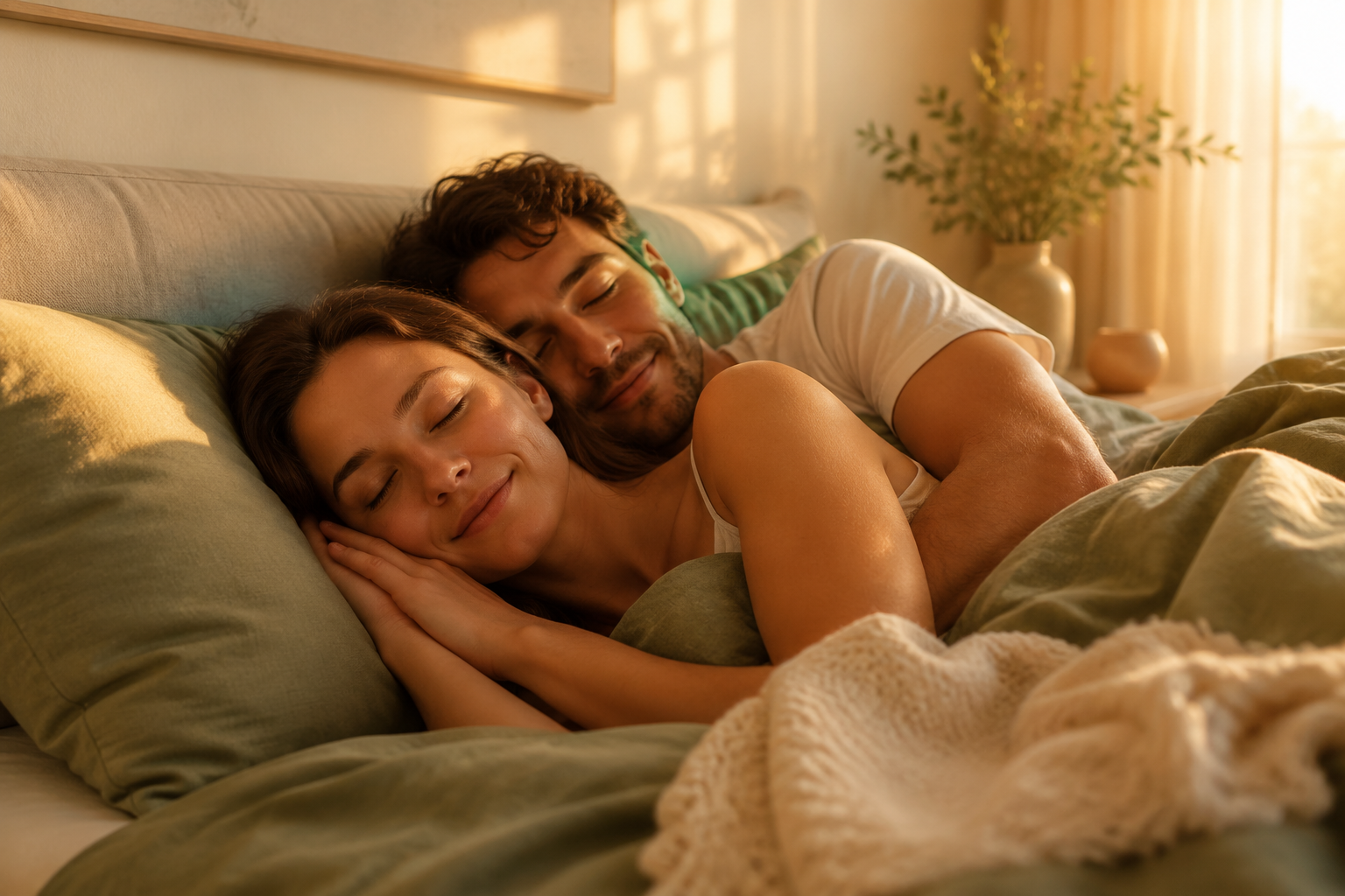 Un couple souriant allongé dans un lit, le visage détendu et paisible, dans une chambre lumineuse