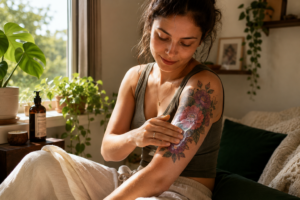 Photographie d'une personne examinant son tatouage récent dans un miroir, ambiance apaisante avec lumière douce.