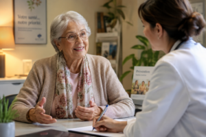 Une personne âgée, active et confiante, en discussion avec un médecin dans un cadre chaleureux.