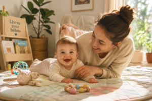 Un bébé joyeux sur le ventre, supporté par un parent attentif, dans un salon lumineux et accueillant.